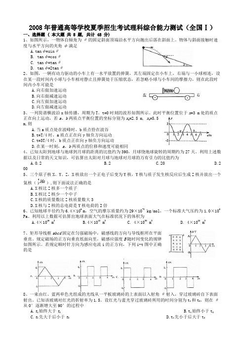 2008全国卷1理综物理部分试卷与答案