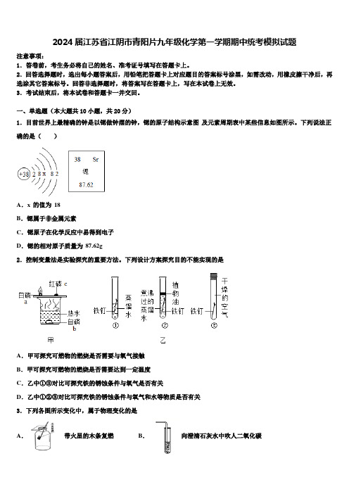 2024届江苏省江阴市青阳片九年级化学第一学期期中统考模拟试题含解析