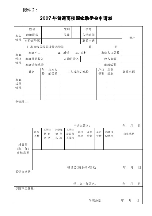 国家助学金申请表