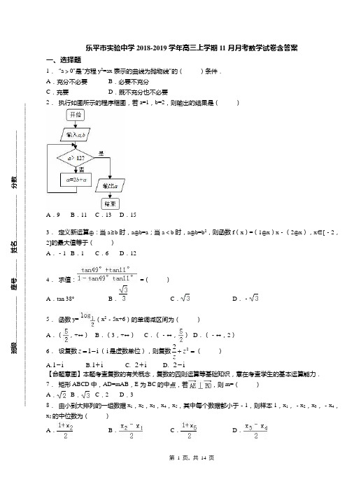 乐平市实验中学2018-2019学年高三上学期11月月考数学试卷含答案