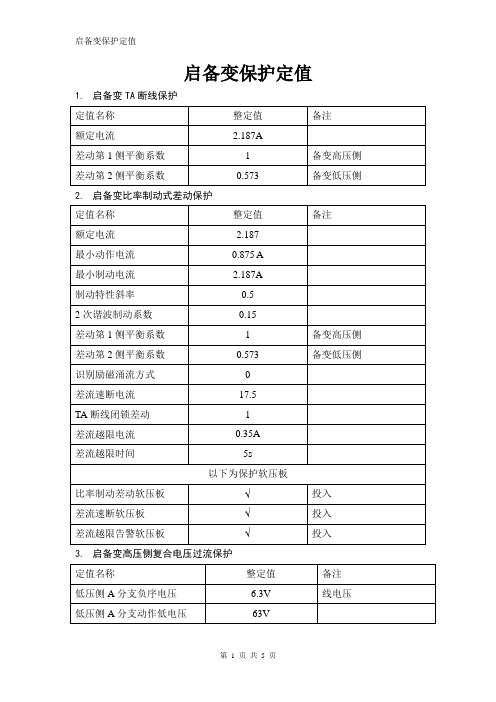 启备变保护及定值