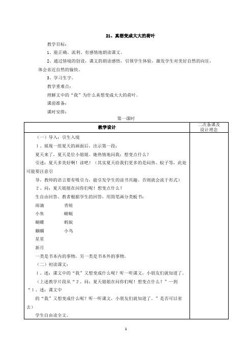 苏教版二年级下册公开课教案21、真想变成大大的荷叶