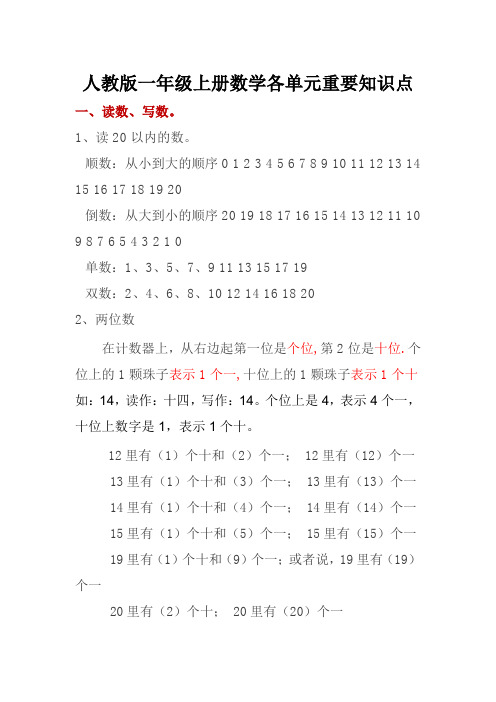 人教版小学一年级数学上册知识点整理汇总