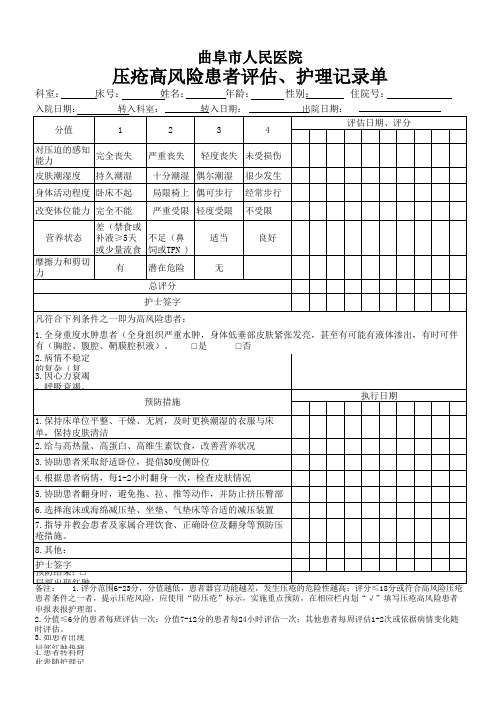 压疮高风险患者评估、护理记录单