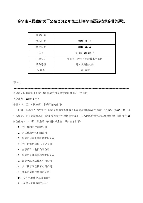 金华市人民政府关于公布2012年第二批金华市高新技术企业的通知-金政发[2013]6号