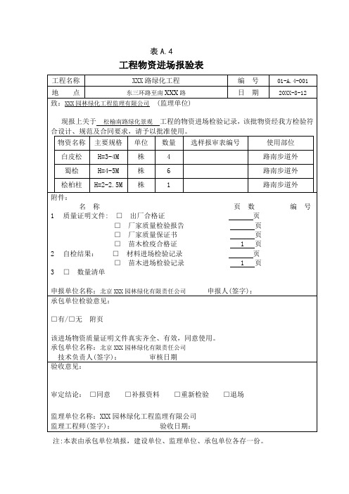 园林绿化工程工程物资进场报验表(示范文本)