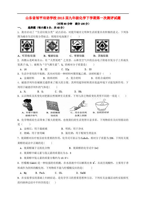 山东省邹平双语学校九年级化学下学期第一次测评试题(