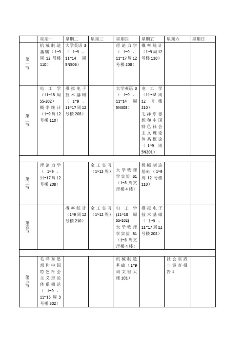 农大12级机电大二上学期课程表