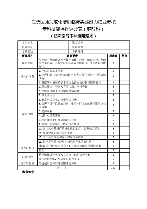 住院医师规范化培训临床实践能力结业考核专科技能操作评分表(麻醉科)超声引导下神经阻滞术