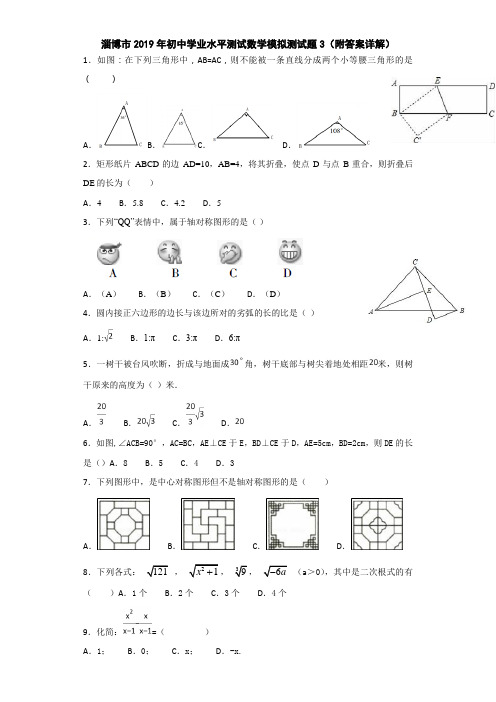 淄博市2019年初中学业水平测试数学模拟测试题3(附答案详解)