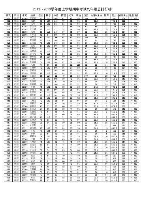 2012～2013学年度上学期期中考试九年级成绩