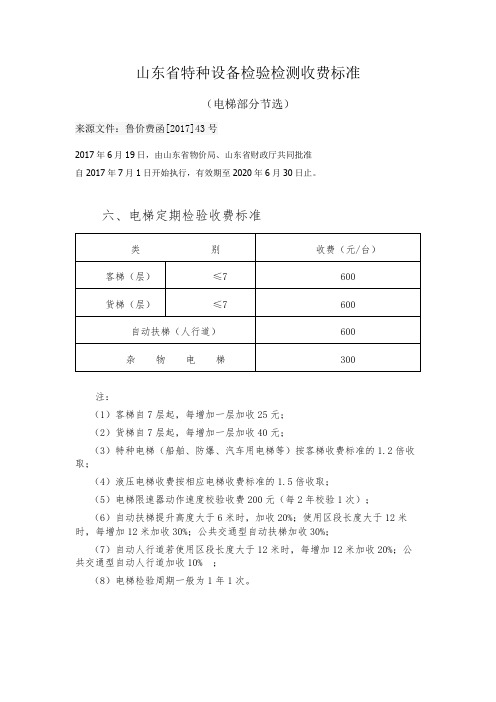 山东省特种设备检验检测收费标准(最新2017年版电梯部分节选)