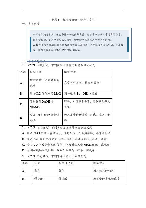 2022年中考化学总复习专题6：物质的检验、除杂与鉴别