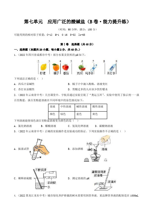 【同步练习】沪教版初三化学下册 第7章 《应用广泛的酸碱盐》(B卷 能力提升练)