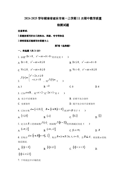 2024-2025学年湖南省邵东市高一上学期11月期中数学质量检测试题