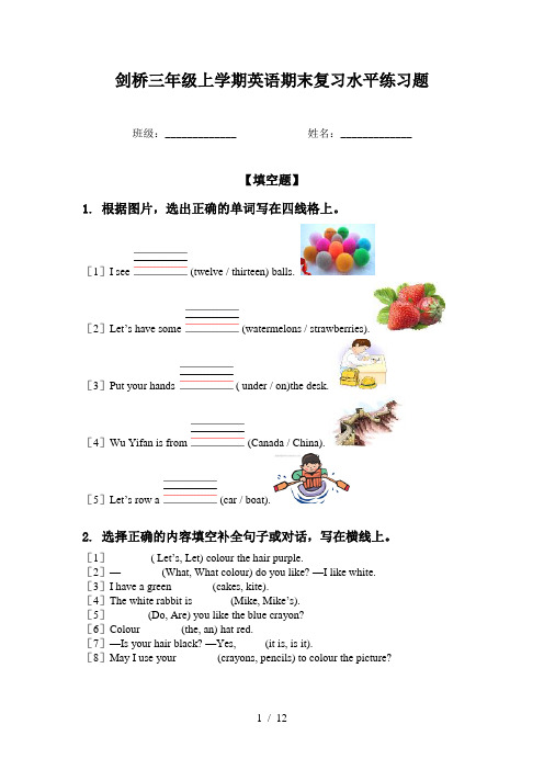 剑桥三年级上学期英语期末复习水平练习题