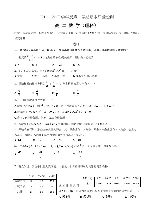 河北省秦皇岛市卢龙县2016-2017学年高二下期末考试数学(理)试题(有答案)AKwMPM