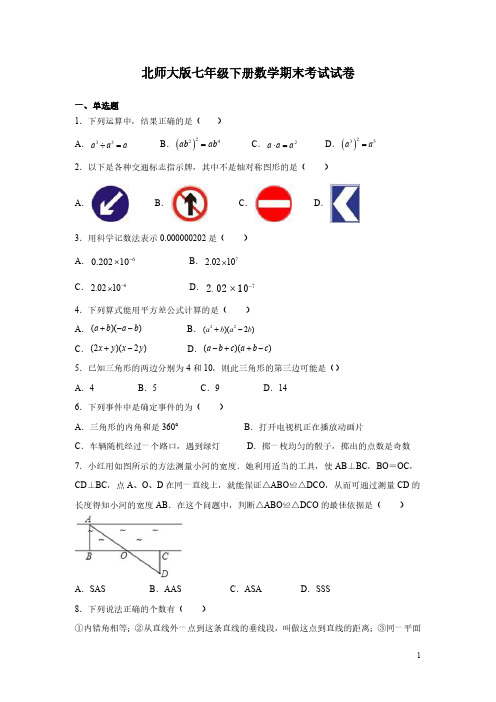 北师大版七年级下册数学期末考试试题及答案