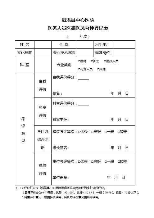 医务人员医德医风考评登记表