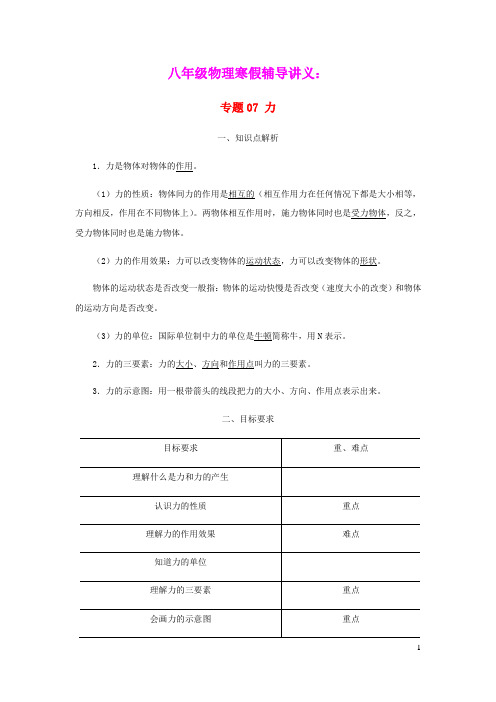 2020_2021学年八年级物理寒假辅导讲义专题07力含解析新版新人教版