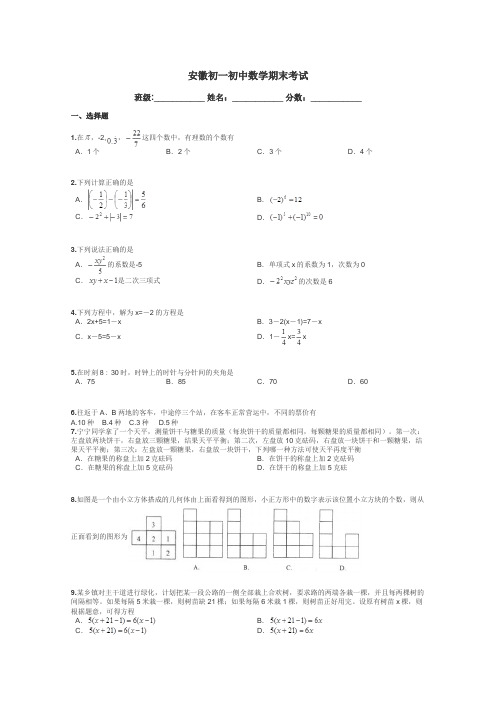 安徽初一初中数学期末考试带答案解析
