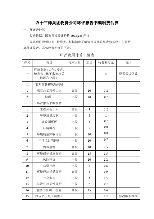 环评报告书编制费估算