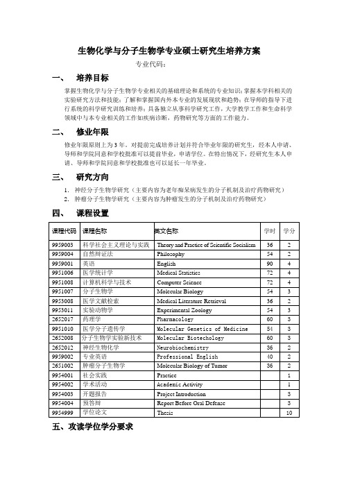 生物化学与分子生物学专业硕士研究生培养方案