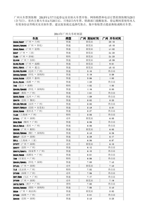 2014年广州最新火车时刻表