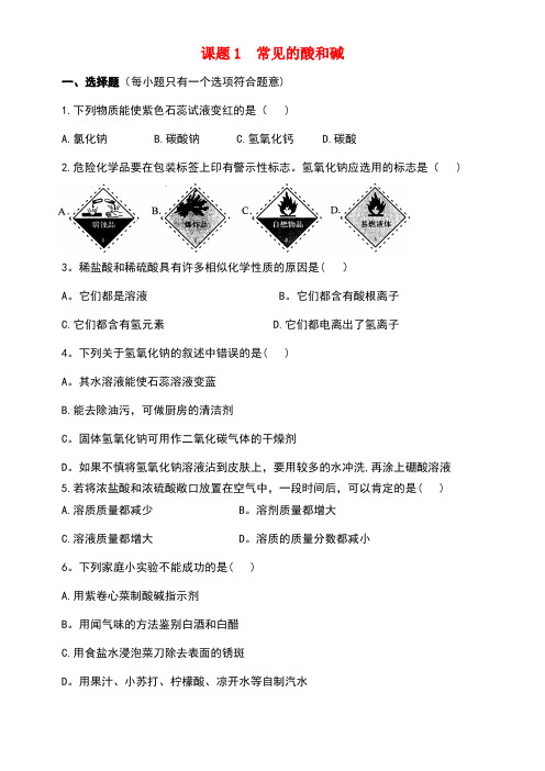 九年级化学下册第10单元课题1常见的酸和碱同步训练新人教版