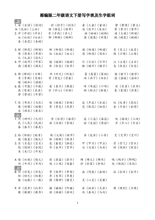 (word完整版)部编版二年级下册语文生字表及组词