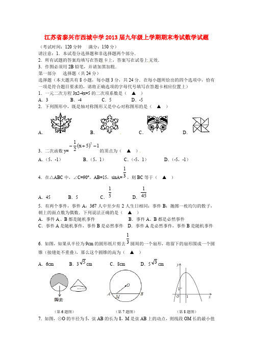 江苏省泰兴市2013届九年级数学上学期期末考试试题