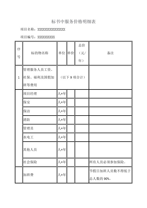 标书中服务价格明细表