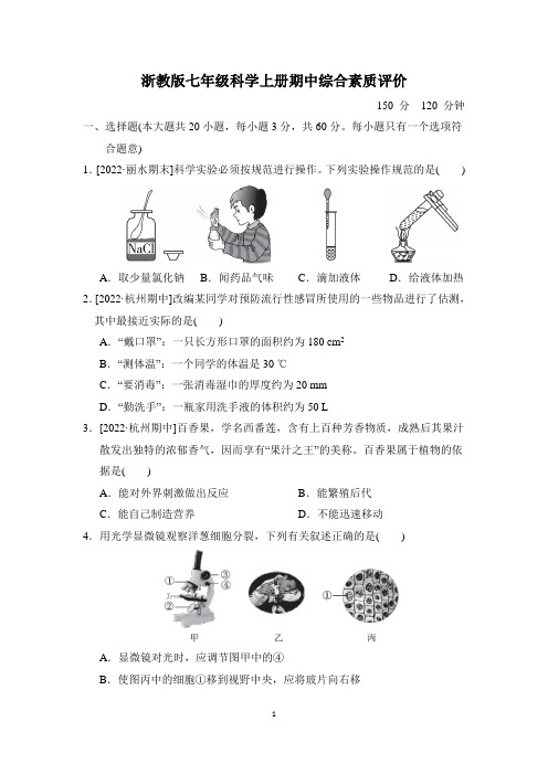 浙教版七年级科学上册期中综合素质评价试卷 附答案 (1)