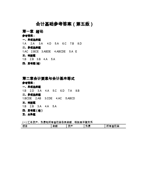 264844基础会计(第五版)参考答案