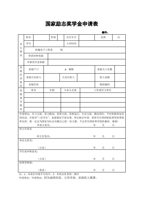 国家励志奖学金申请表