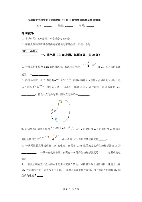 大学农业工程专业《大学物理（下册）》期末考试试卷A卷 附解析