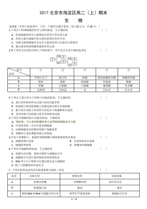 2017北京市海淀区高二(上)期末生物