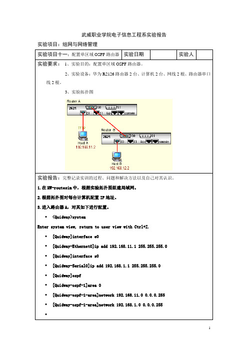 实验项目11：配置单区域OSPF路由器