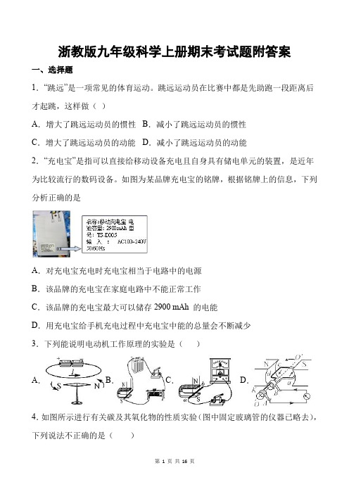 浙教版九年级科学上册期末考试题附答案