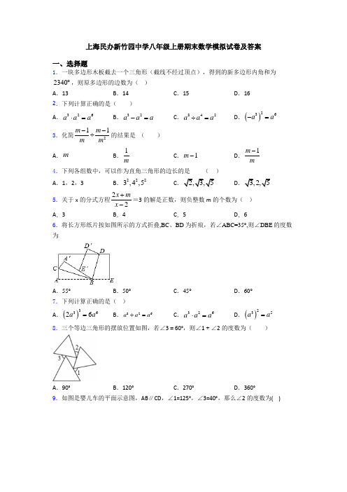 上海民办新竹园中学八年级上册期末数学模拟试卷及答案