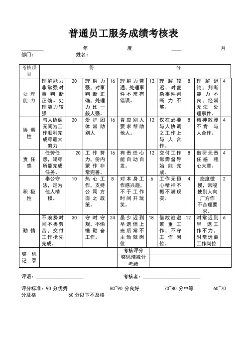 人资绩效-普通员工服务成绩考核表通用模板