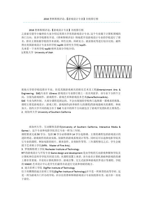 2016普林斯顿评论：【游戏设计专业】名校排行榜