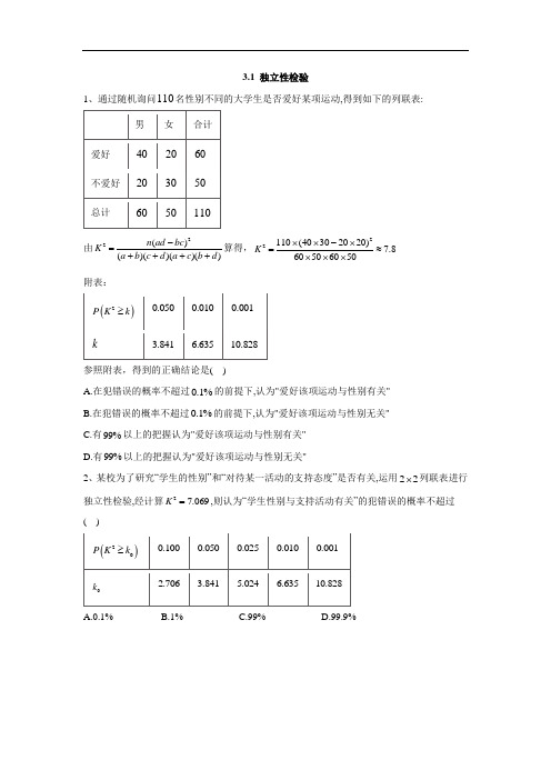 苏教版高中数学选修2-3同步训练独立性检验