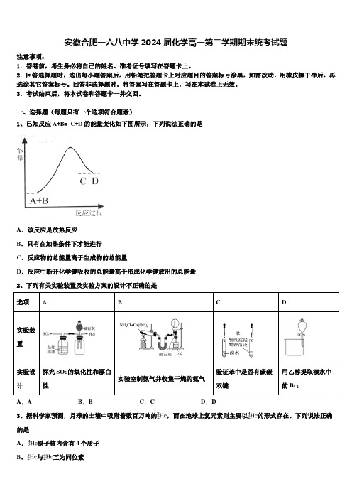 安徽合肥一六八中学2024届化学高一第二学期期末统考试题含解析