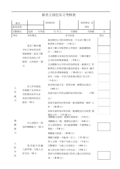 新员工实习期考核表