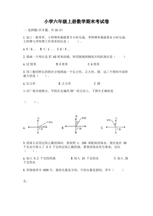 小学六年级上册数学期末考试卷附完整答案(精品)