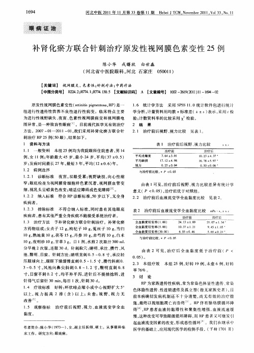 补肾化瘀方联合针刺治疗原发性视网膜色素变性25例