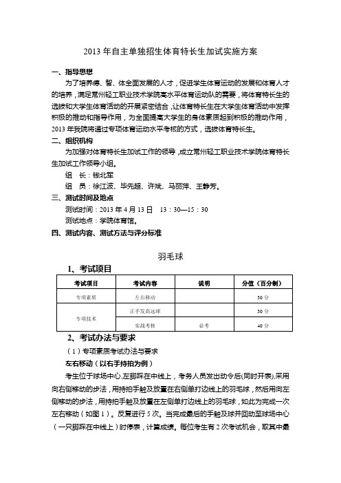 2013年自主单独招生体育特长生加试实施方案