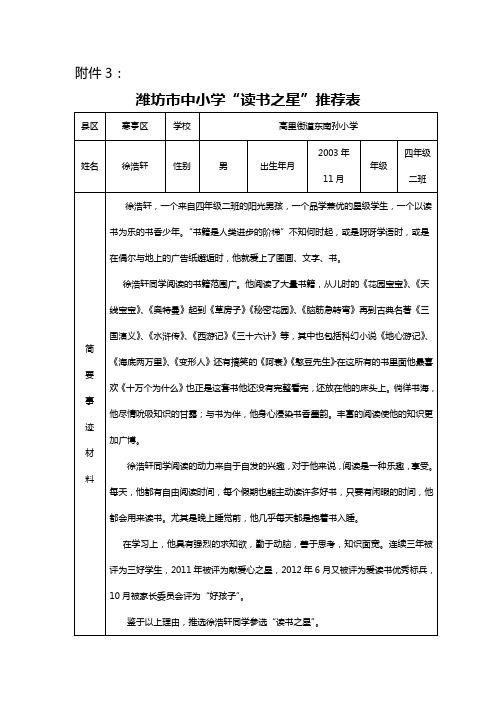 潍坊市中小学“读书之星”推荐表