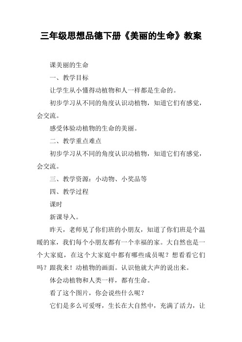 三年级思想品德下册《美丽的生命》教案